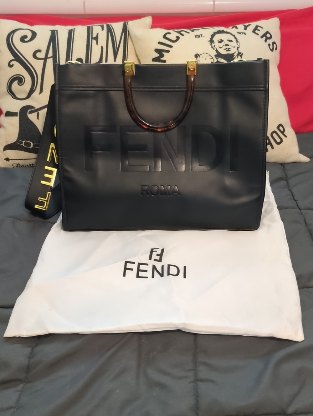 Fendi Black Leather Large Tote with Brown Top Handles and Branded Strap